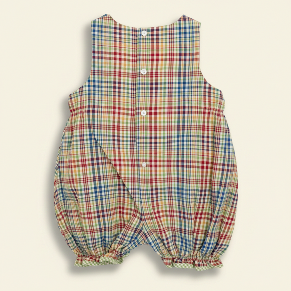 ZU by Petit Ami plaid bubble, back, showing buttoned shoulder tabs and elasticated legs