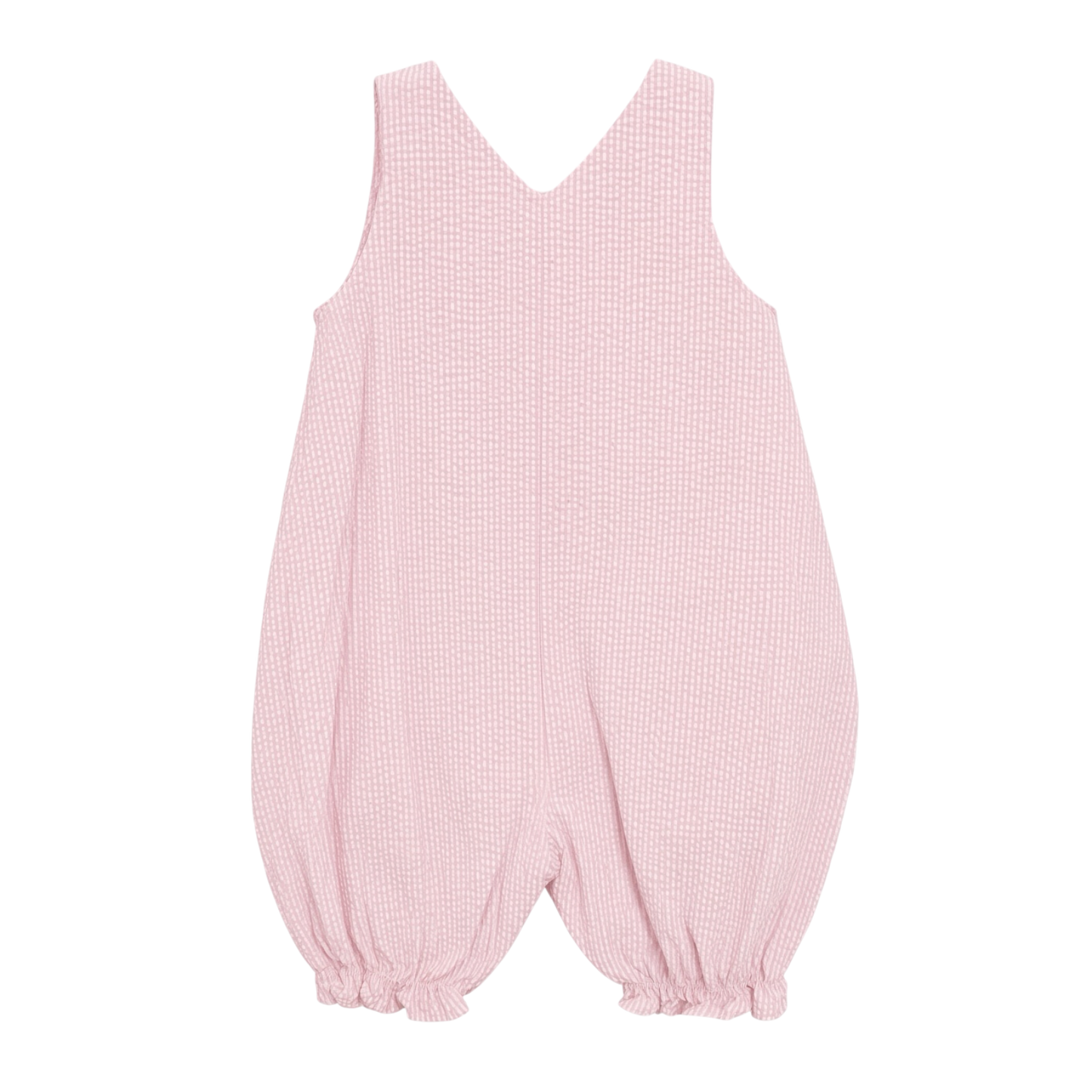Petit Ami pink seersucker romper, back, showing the crossed straps and gathered leg cuffs