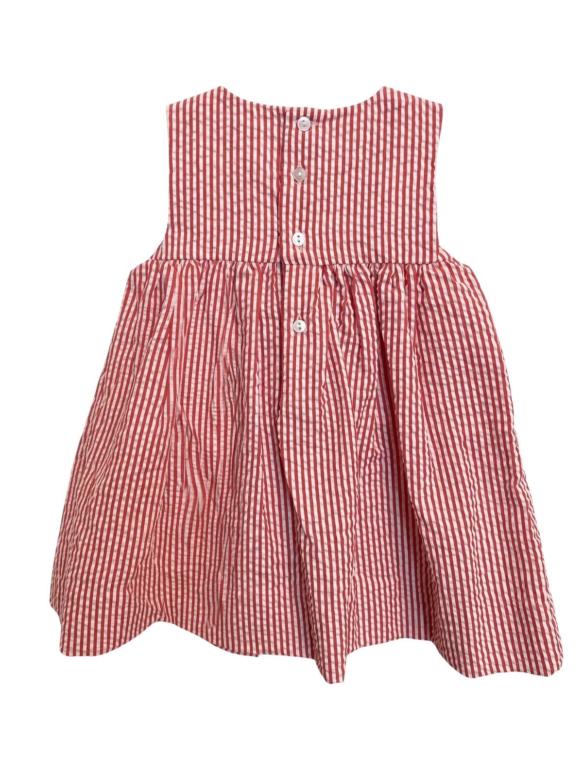 Petit Ami red and white stripe seersucker sundress, back, showing the buttoned closure