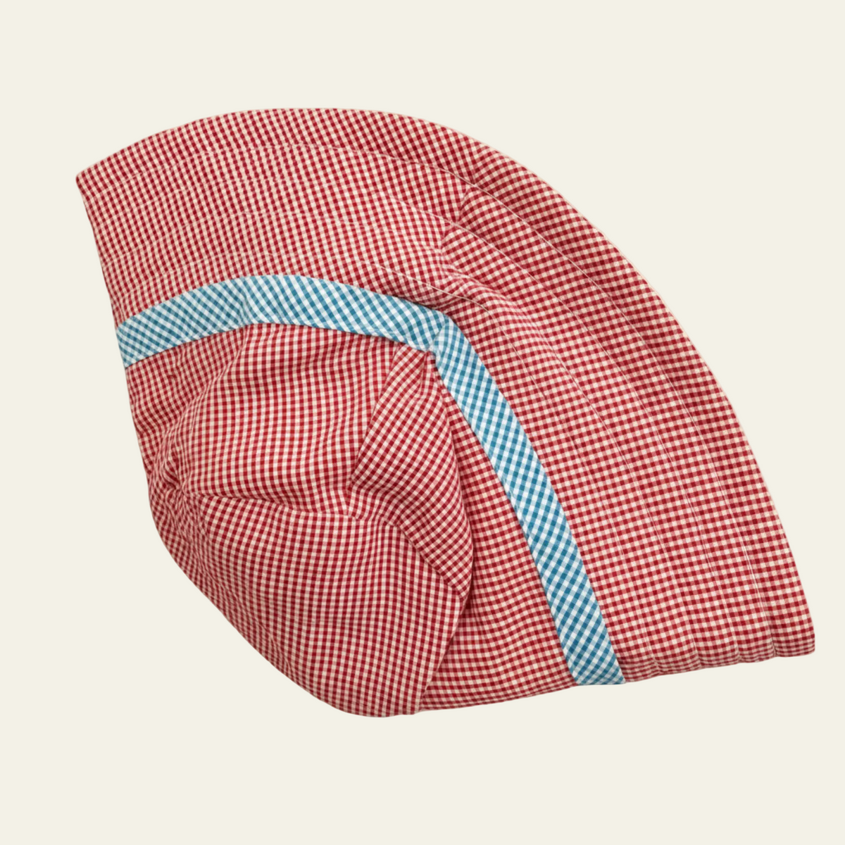 Matching red gingham hat with blue gingham trim