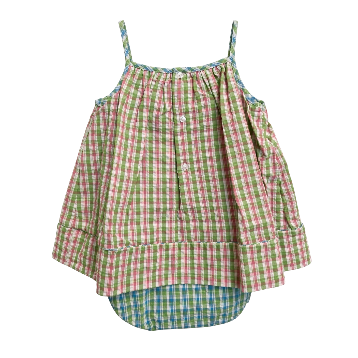 Petit Ami plaid sundress, back, showing the buttoned closure and contrasting plaid bloomers