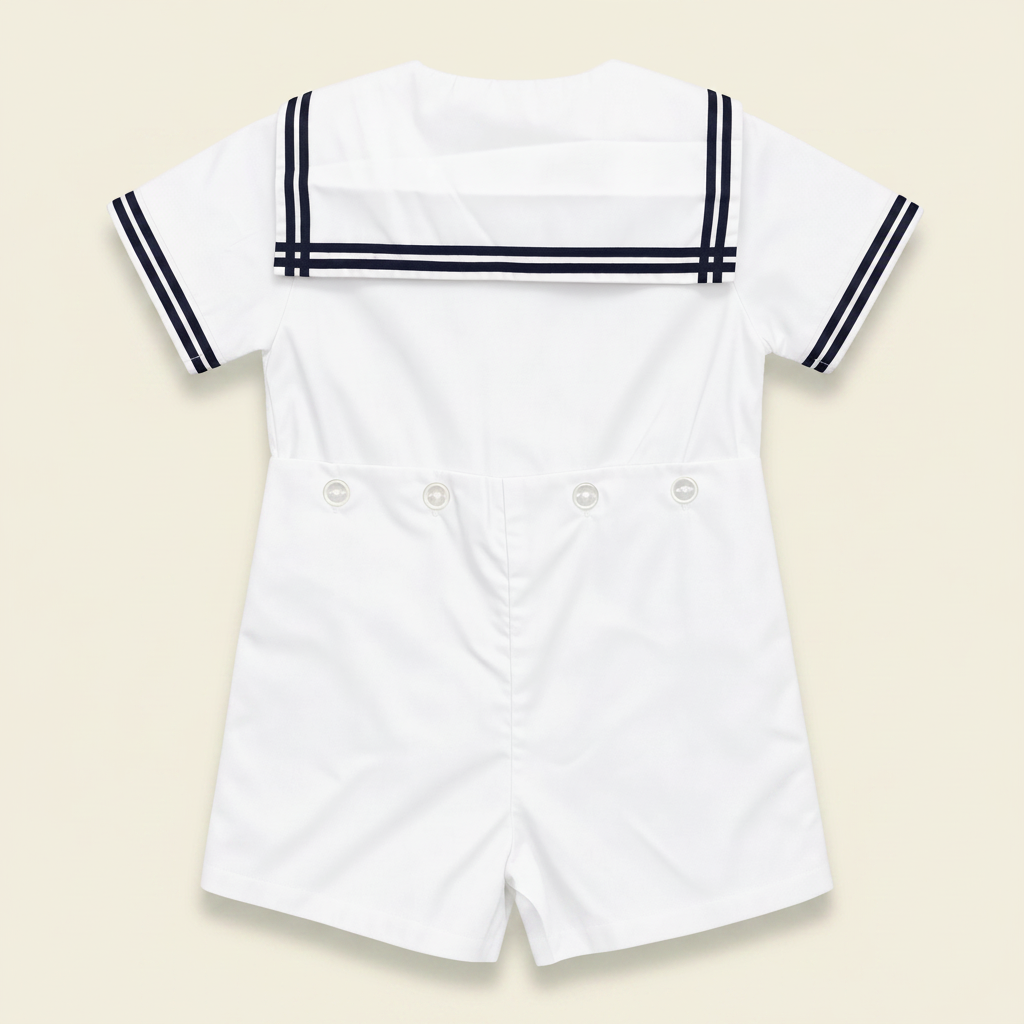 Petit Ami white sailor bobby suit, back, showing the navy-striped sailor collar