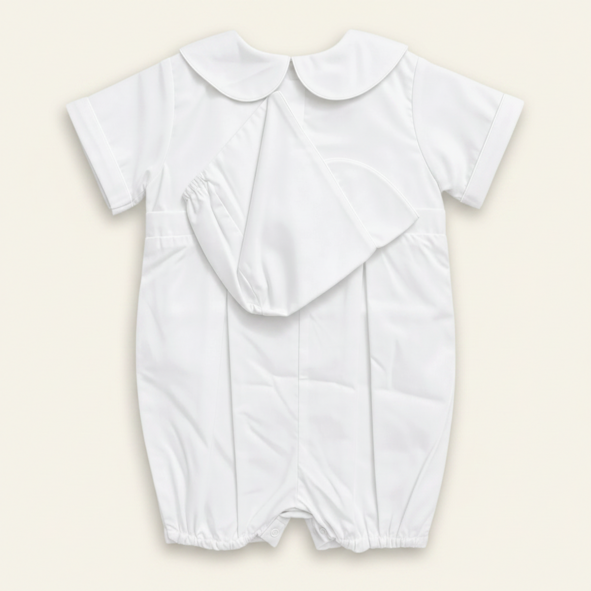 Petit Ami white christening bobby suit, back, with the matching bonnet