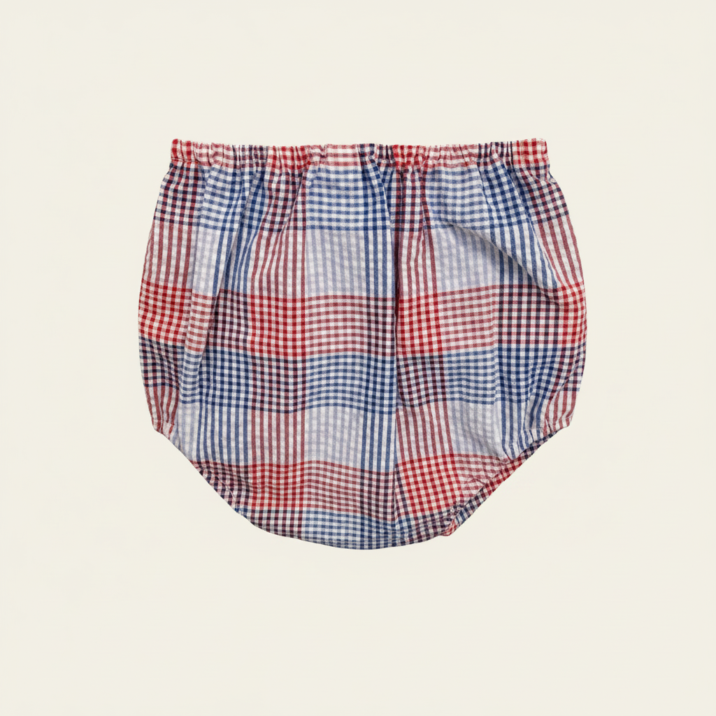 Red and blue check seersucker bloomers with elasticated waist and legs