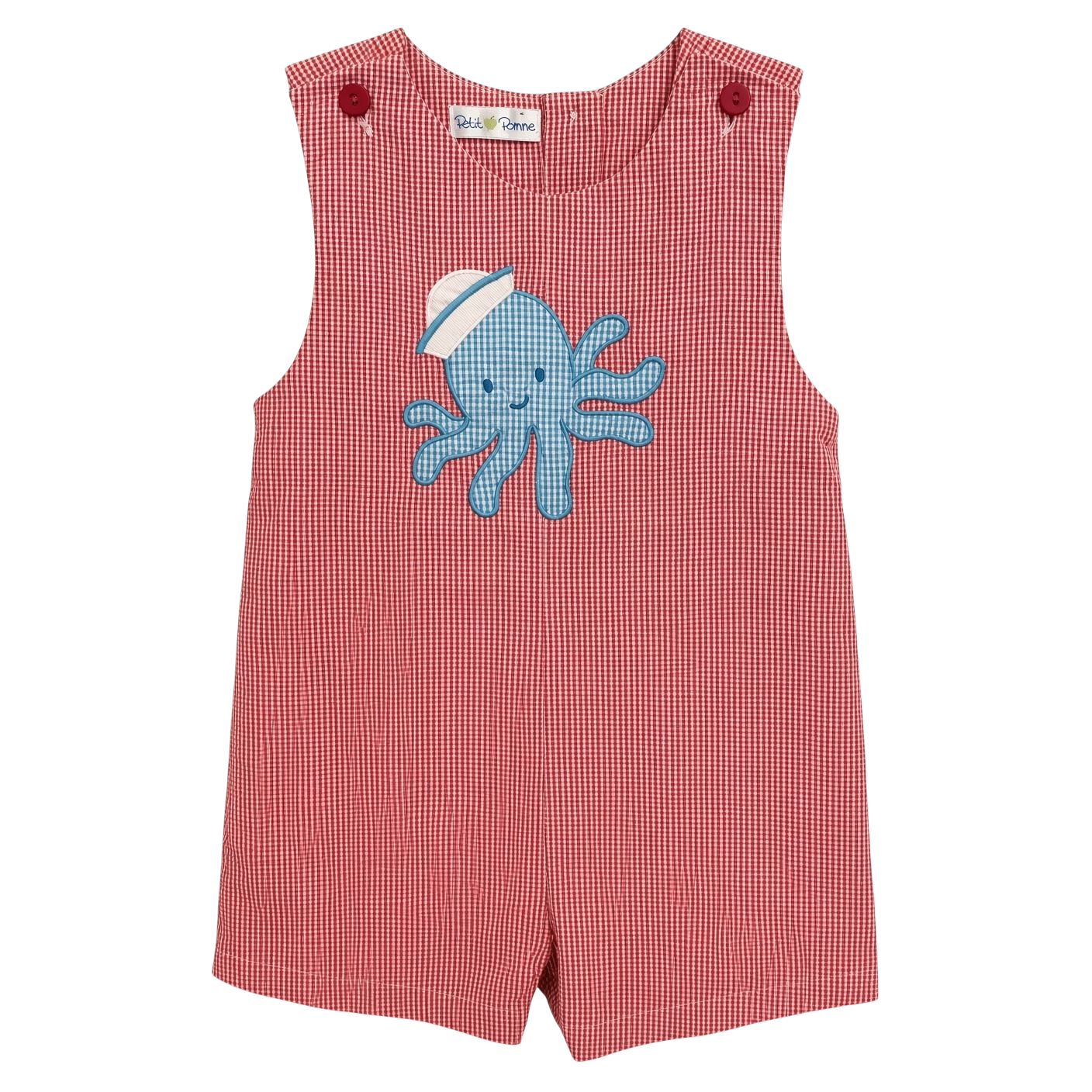 Petit Ami red gingham seersucker shortall with appliquéd octopus, front