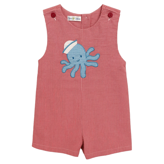Petit Ami red gingham seersucker shortall with appliquéd octopus, front