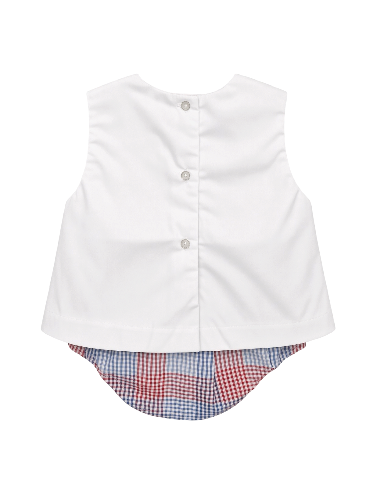 Petit Ami sailboat set, back, showing the buttoned closure on the white top