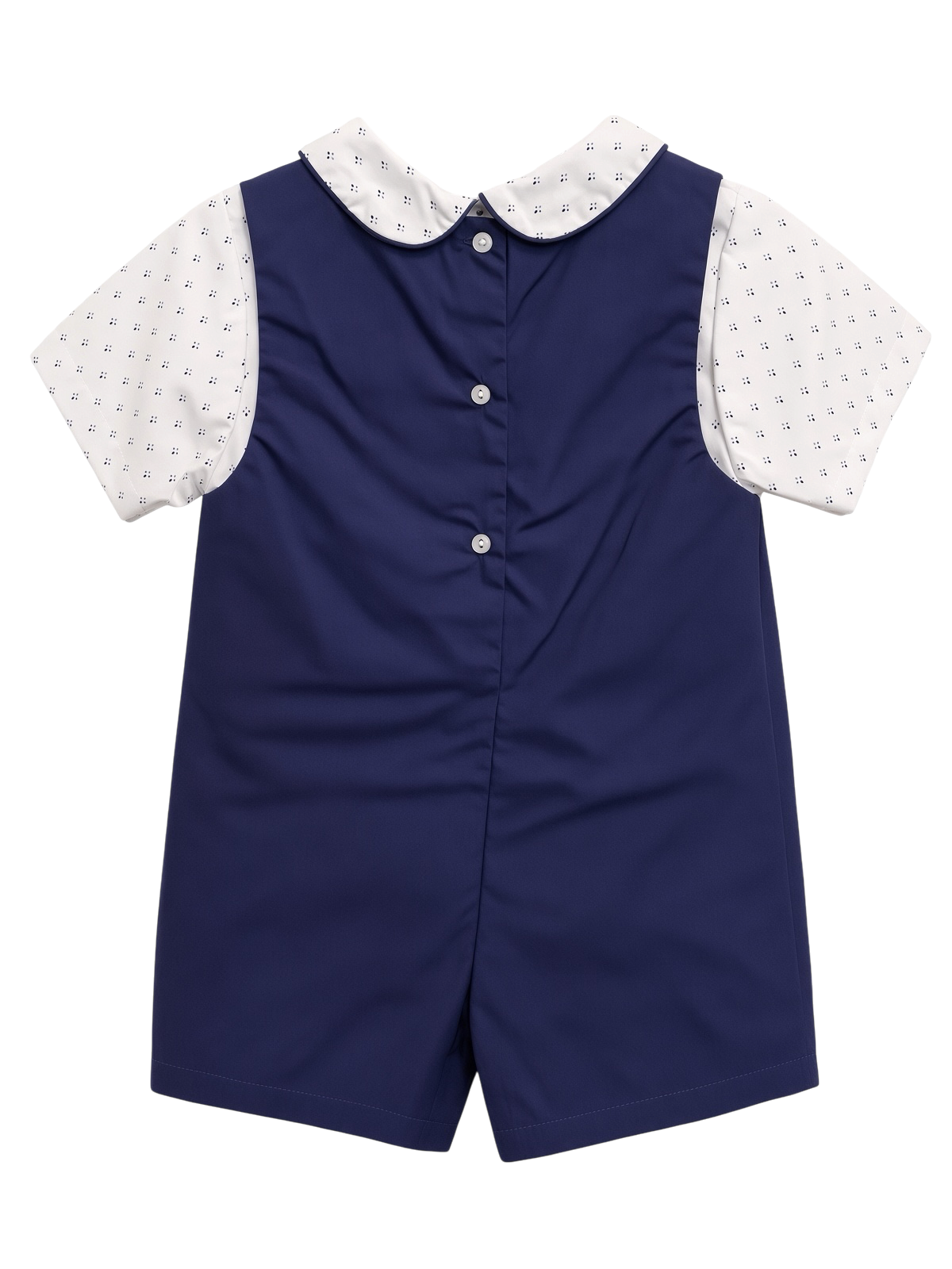 Petit Ami navy whale bobby suit, back, showing the buttoned closure