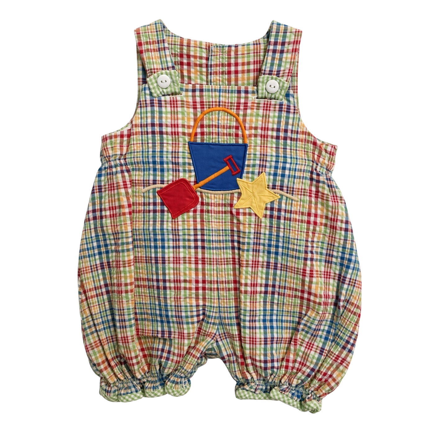 ZU by Petit Ami plaid seersucker bubble with bucket, spade and starfish appliqué, front