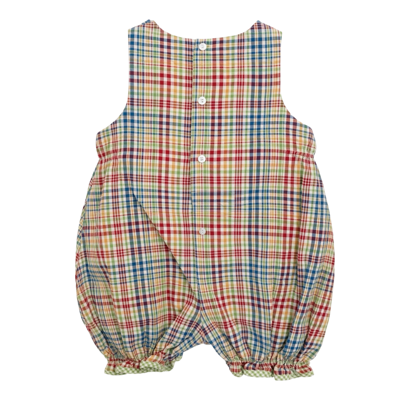 ZU by Petit Ami plaid bubble, back, showing buttoned shoulder tabs and elasticated legs