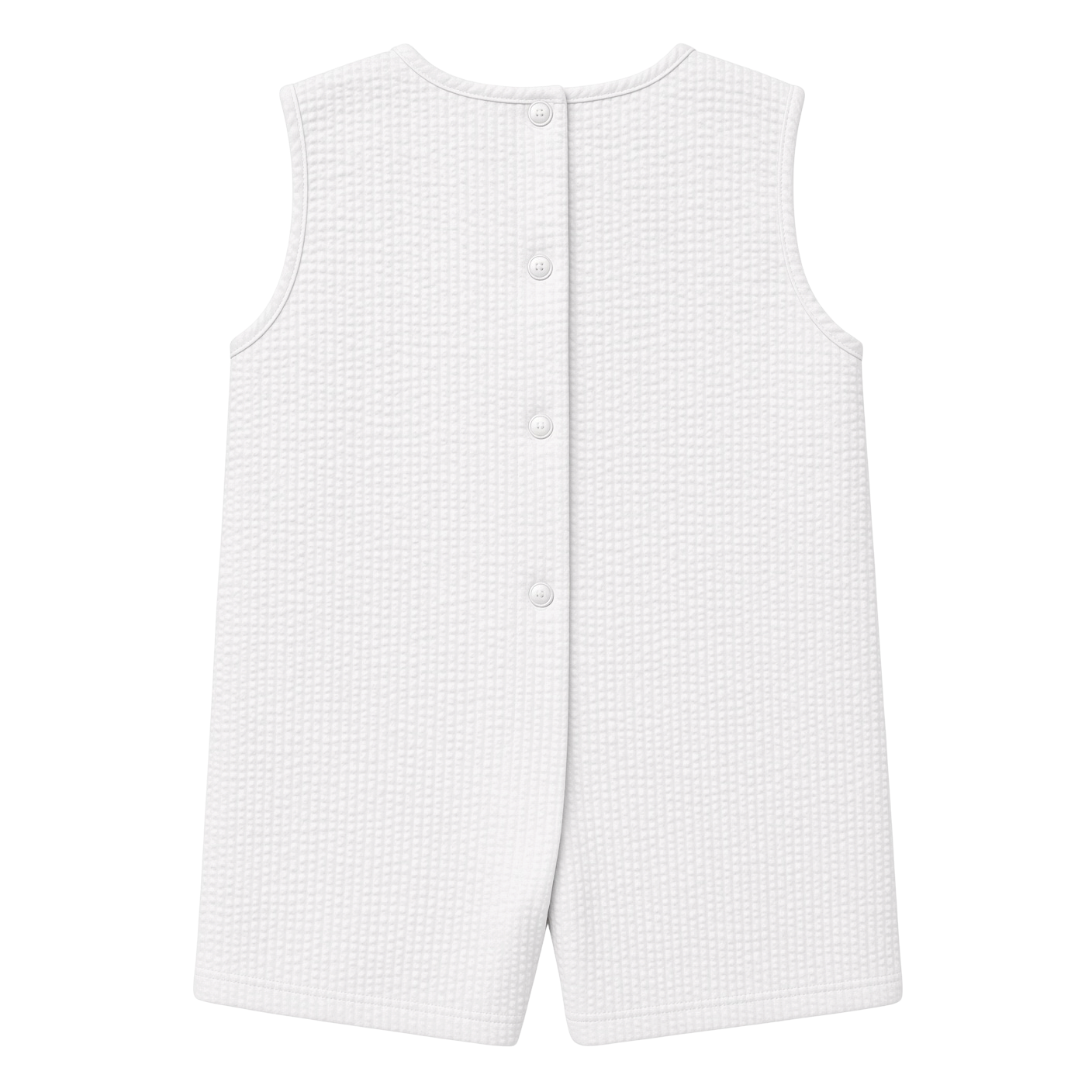 Petit Ami white seersucker bubble, back, showing the buttoned closure