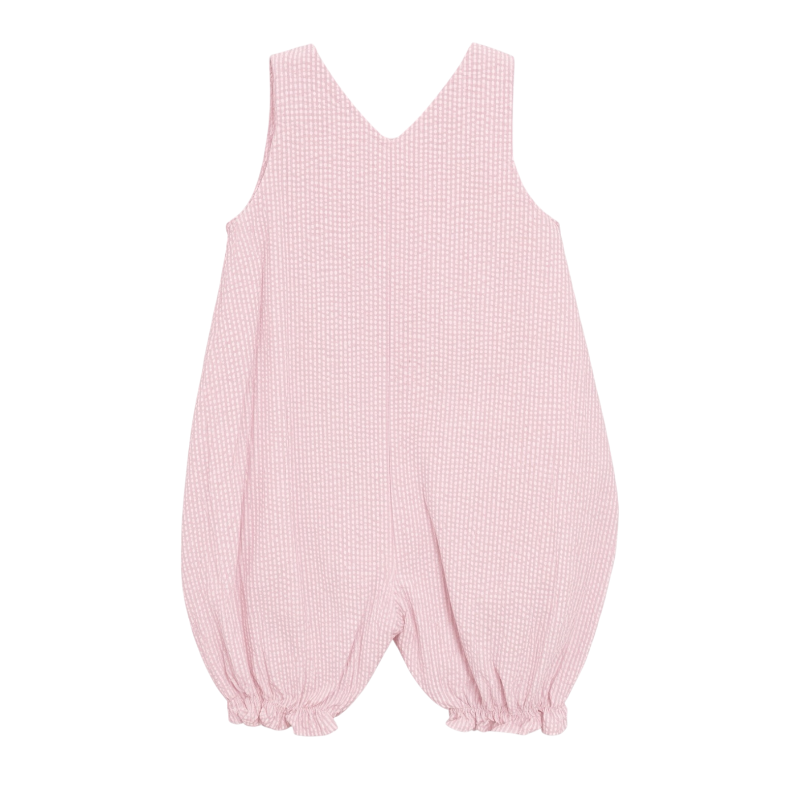Petit Ami pink seersucker romper, back, showing the crossed straps and gathered leg cuffs