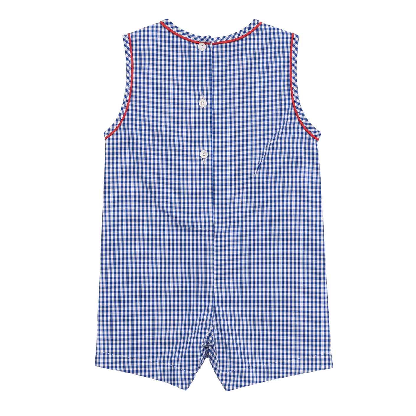 Petit Ami navy gingham shortall, back, showing the buttoned shoulder and back closure with red piping