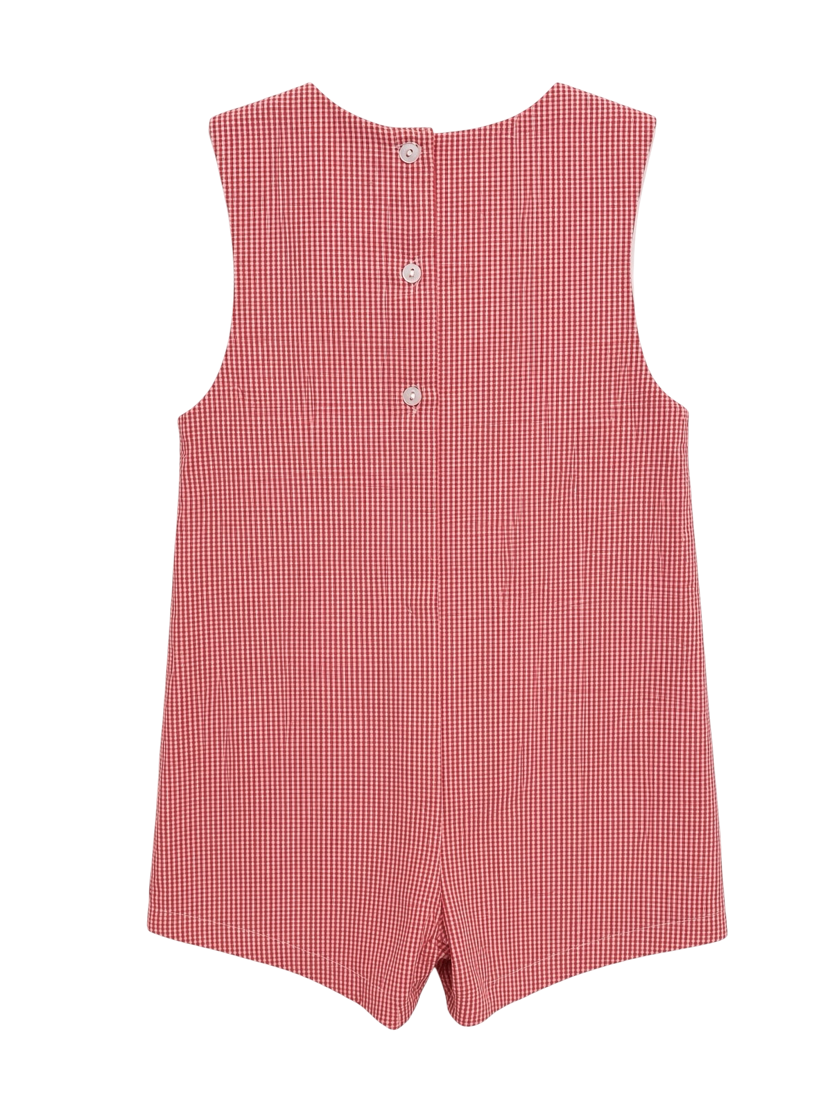 Petit Ami red gingham seersucker shortall, back, showing the buttoned closure