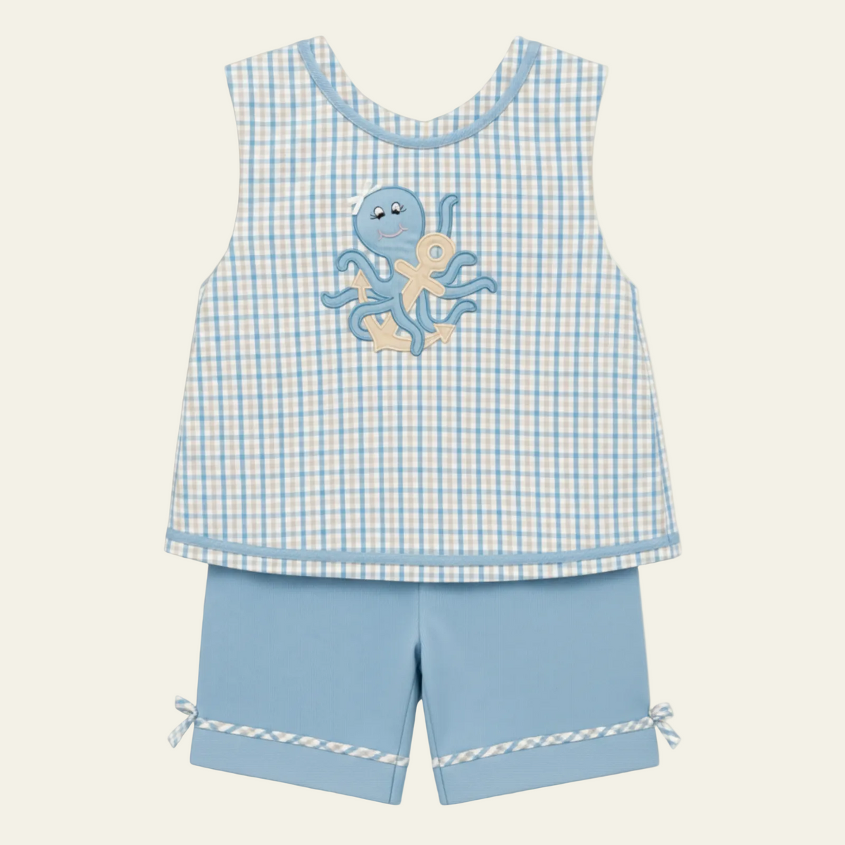 Petit Ami blue check seersucker set with appliquéd octopus and anchor, front