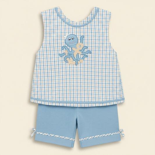 Petit Ami blue check seersucker set with appliquéd octopus and anchor, front
