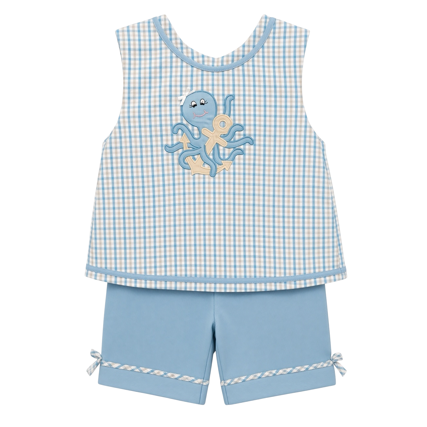 Petit Ami blue check seersucker set with appliquéd octopus and anchor, front