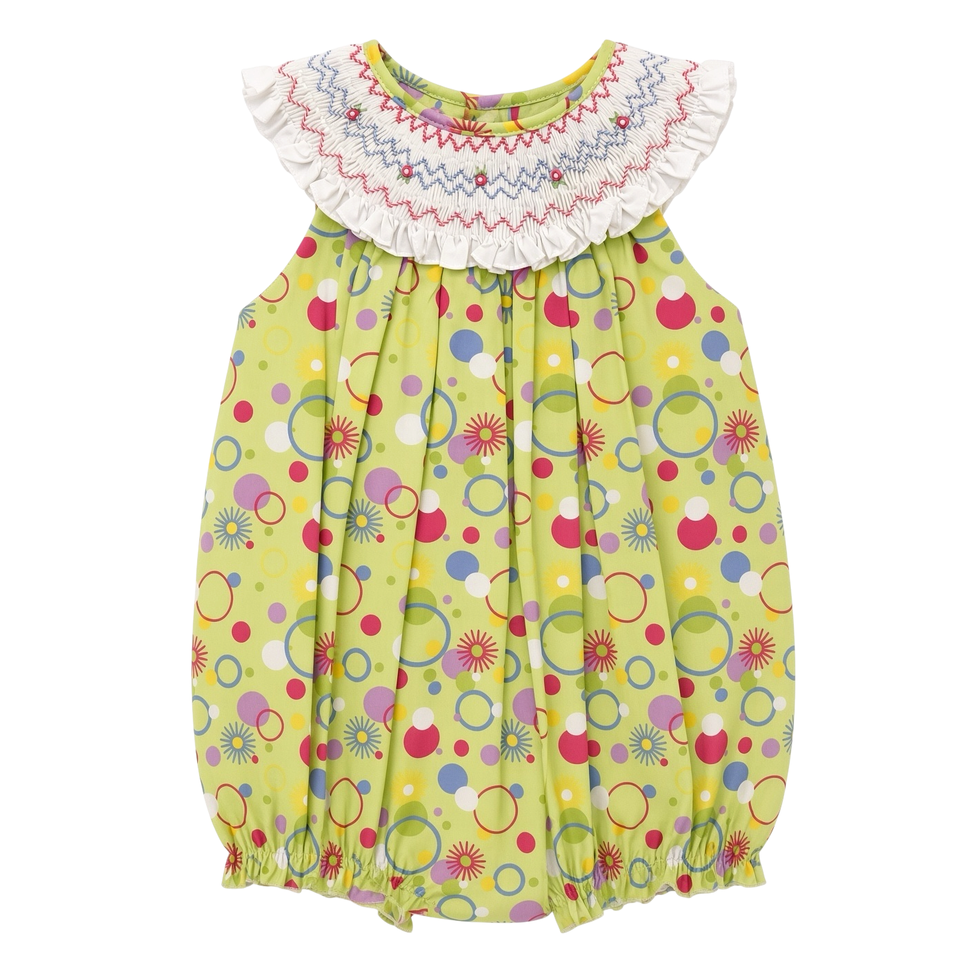Petit Ami green dot bubble with hand-smocked white ruffled bishop collar, front