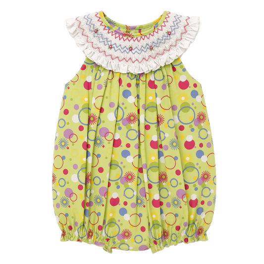 Petit Ami green dot bubble with hand-smocked white ruffled bishop collar, front