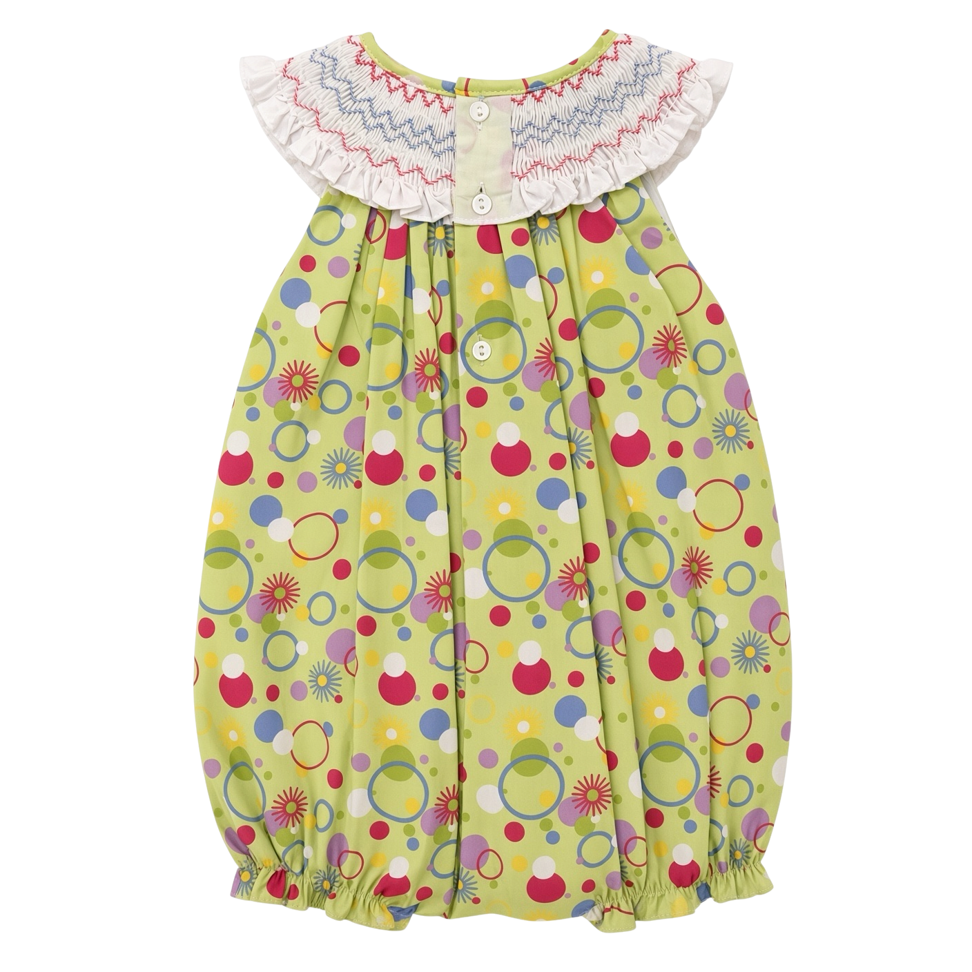 Petit Ami green dot bubble, back, showing the buttoned closure