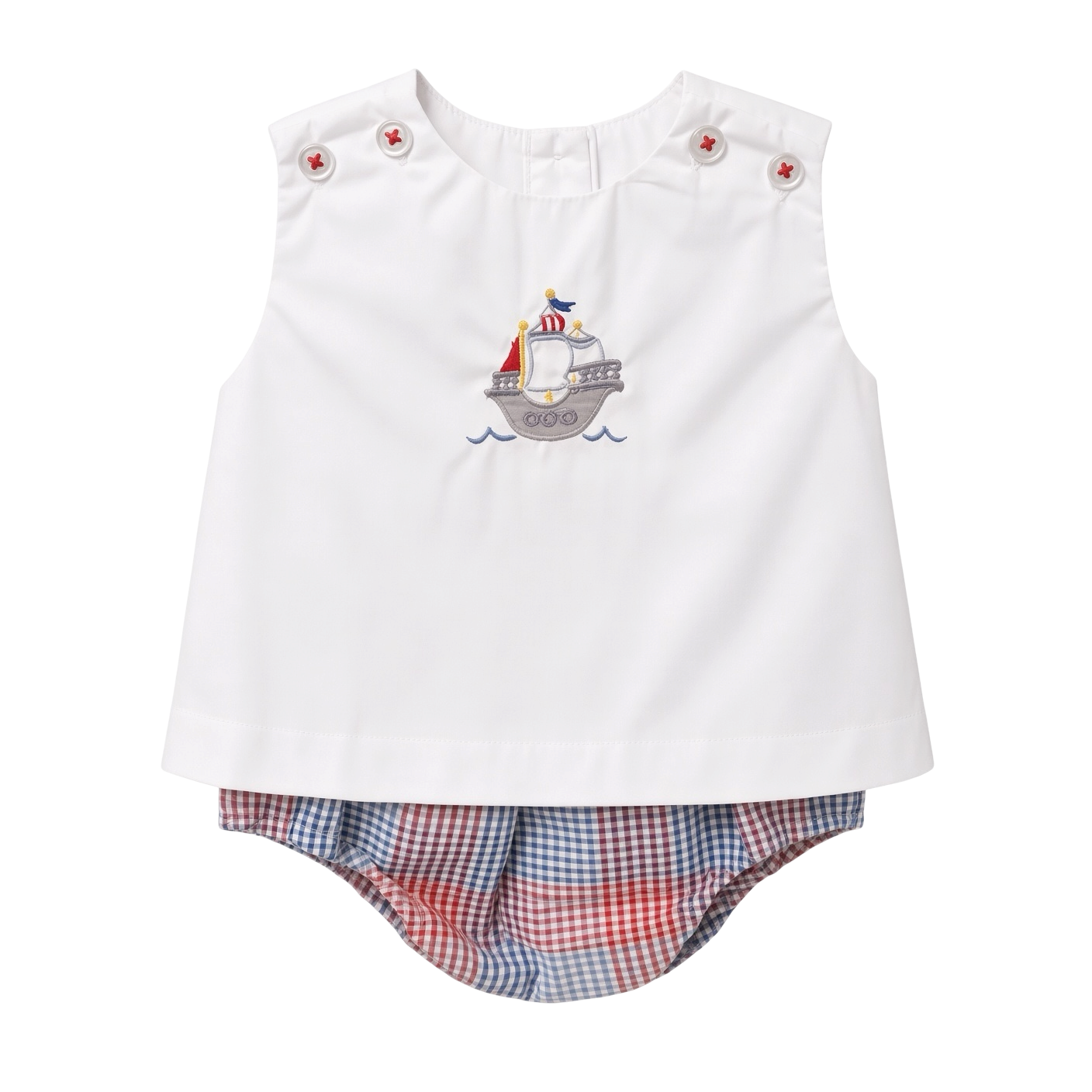 Petit Ami white top embroidered with a sailboat over red and blue check bloomers, front