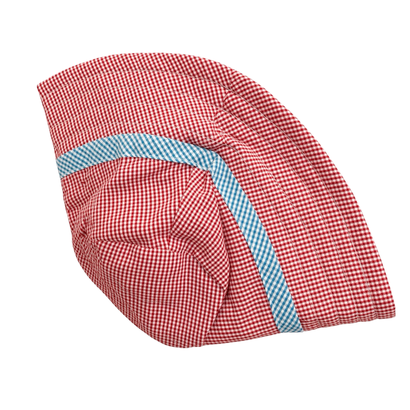 Matching red gingham hat with blue gingham trim