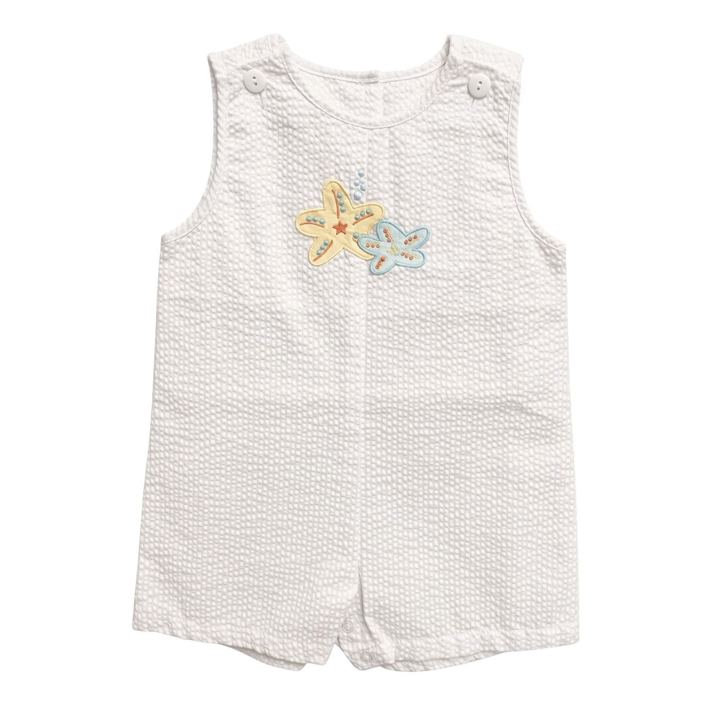 Petit Ami white seersucker bubble with yellow and blue starfish appliqué, front