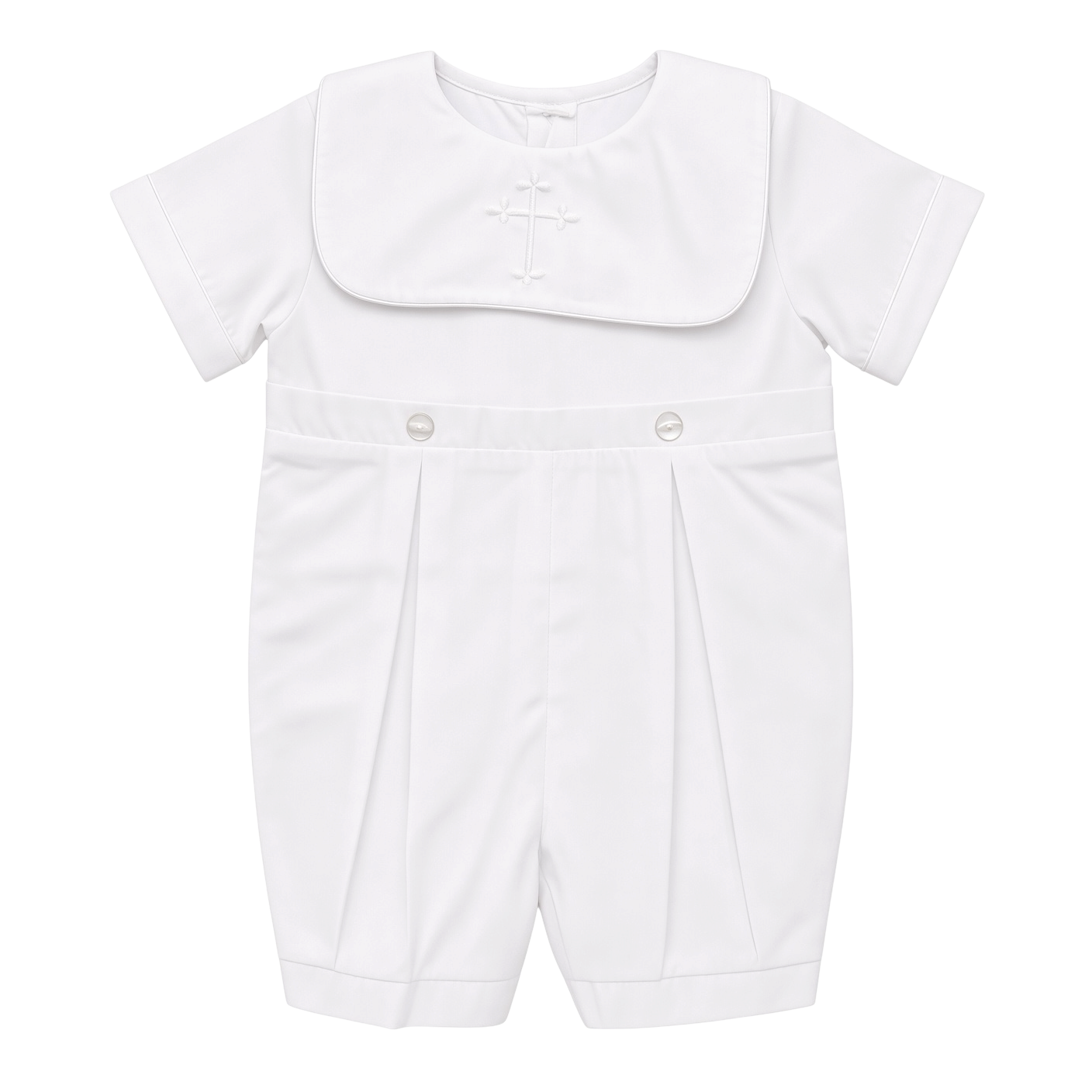 Petit Ami white christening bobby suit with a hand-embroidered cross on the bib front