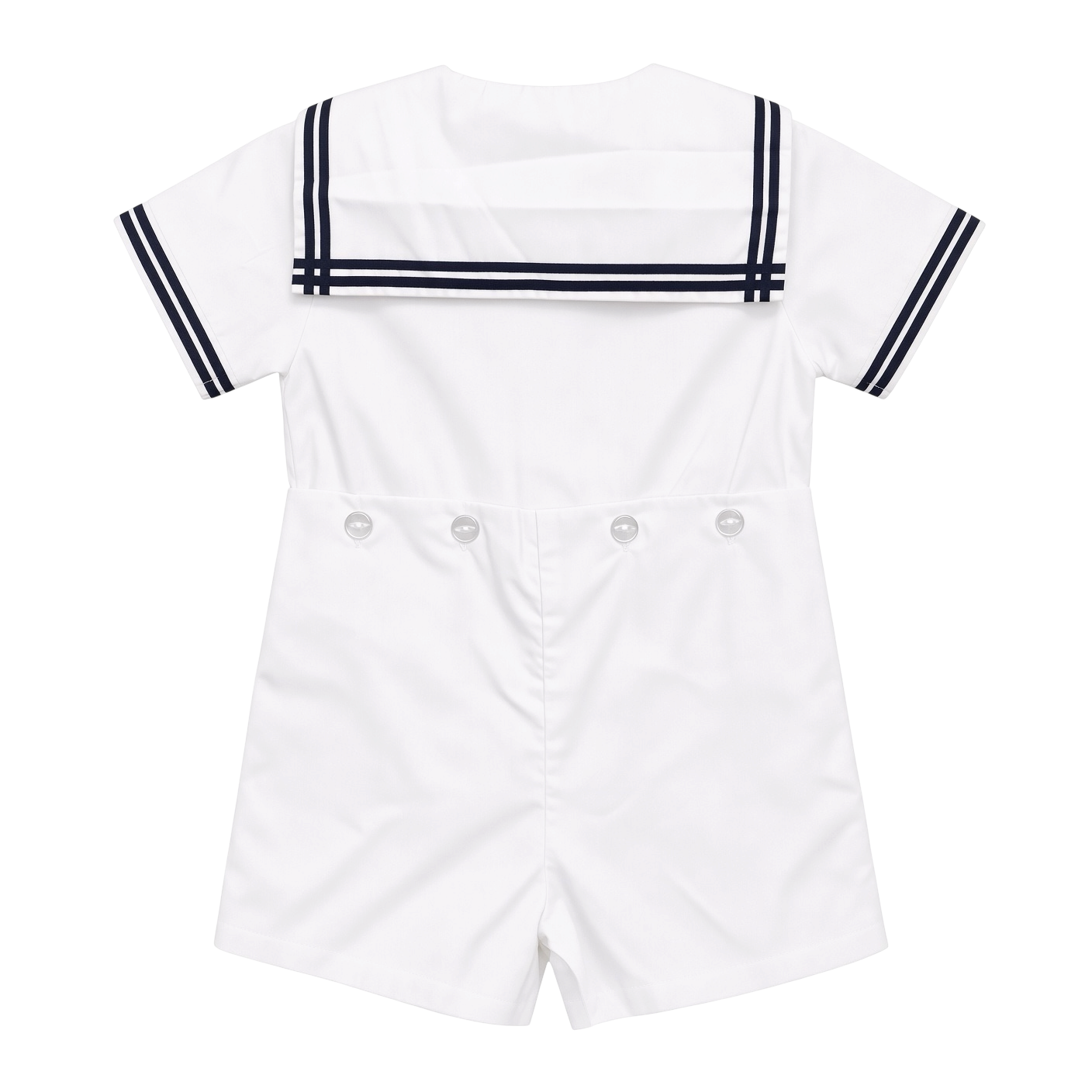 Petit Ami white sailor bobby suit, back, showing the navy-striped sailor collar