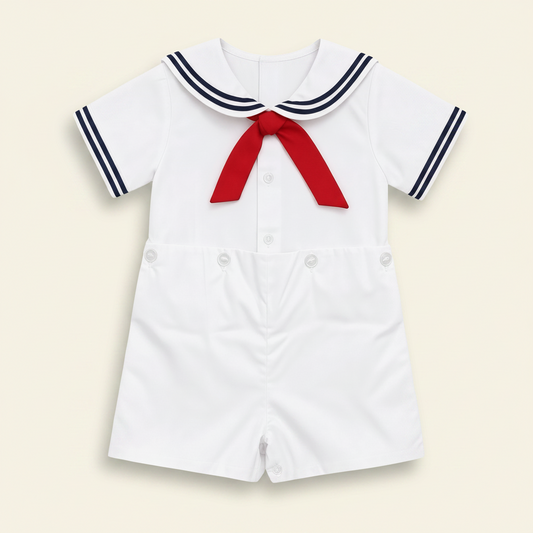 Petit Ami white sailor bobby suit with red neckerchief, front