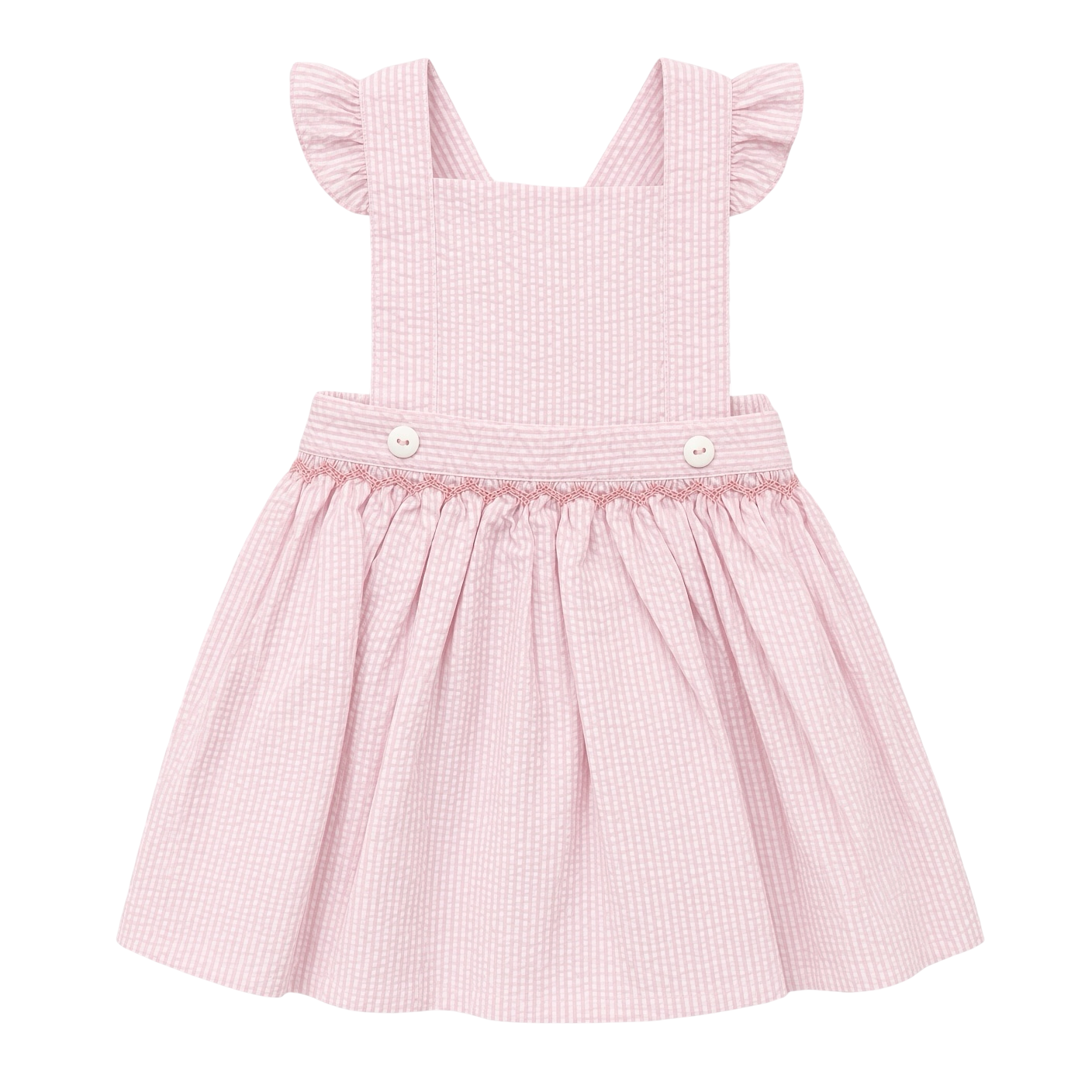 Petit Ami pink seersucker pinafore with hand-smocked waist and flutter sleeves, front