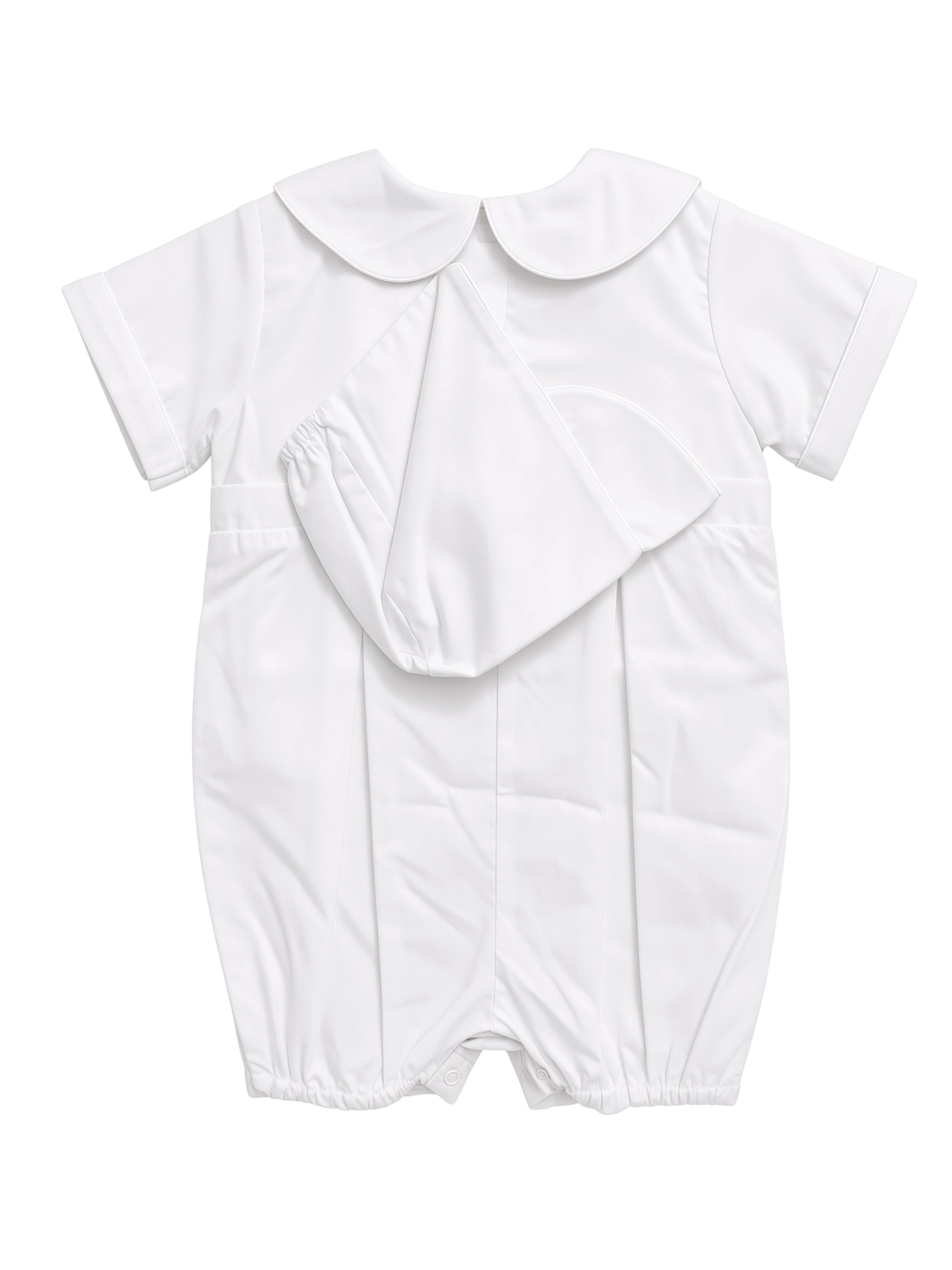 Petit Ami white christening bobby suit, back, with the matching bonnet