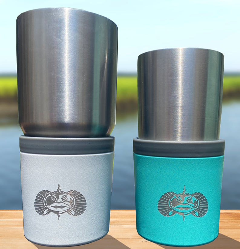 Three Anchors holding a tumbler, a bottle and a flask, showing the range of drinks that fit