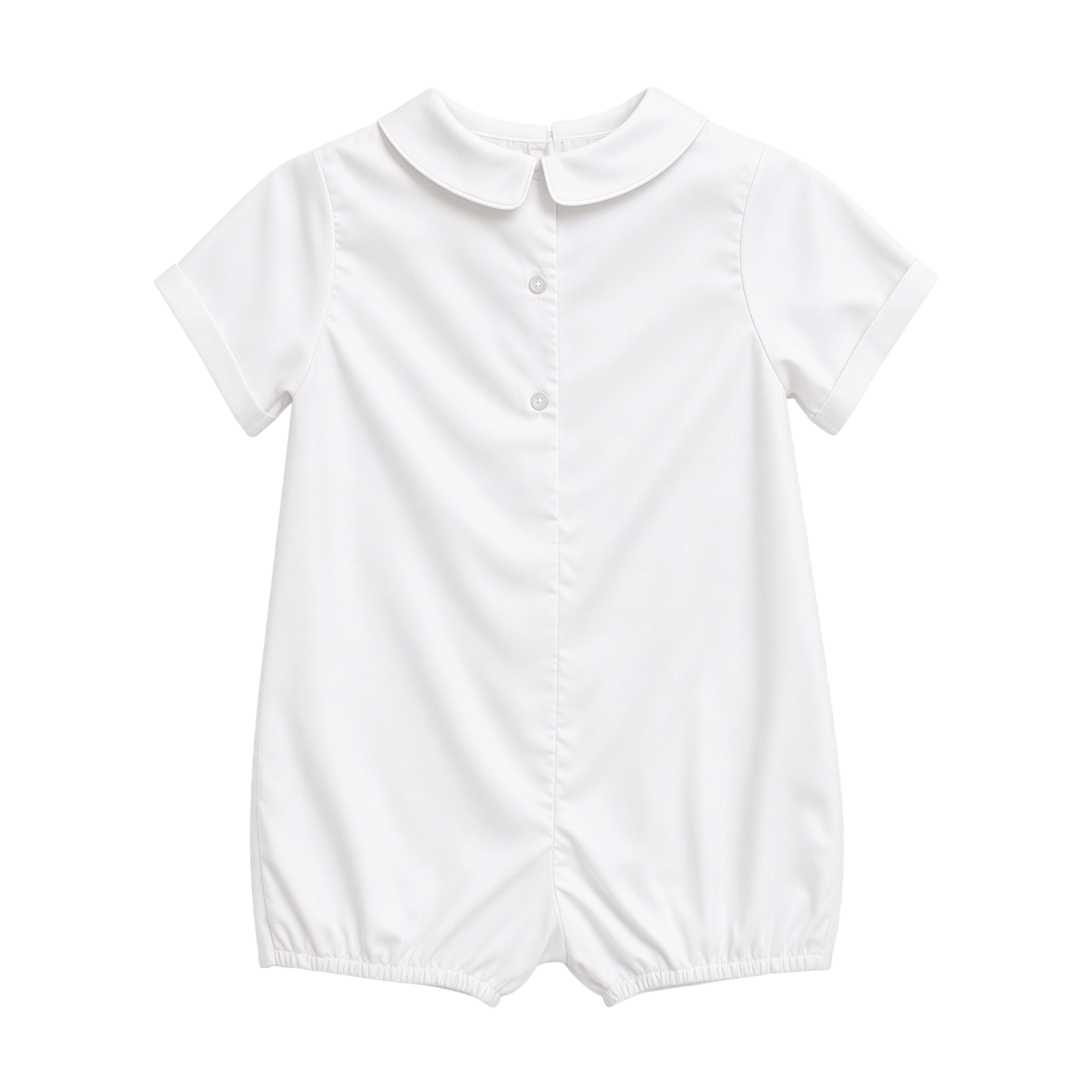 Petit Ami white christening shortall, back, showing the buttoned closure and Peter Pan collar