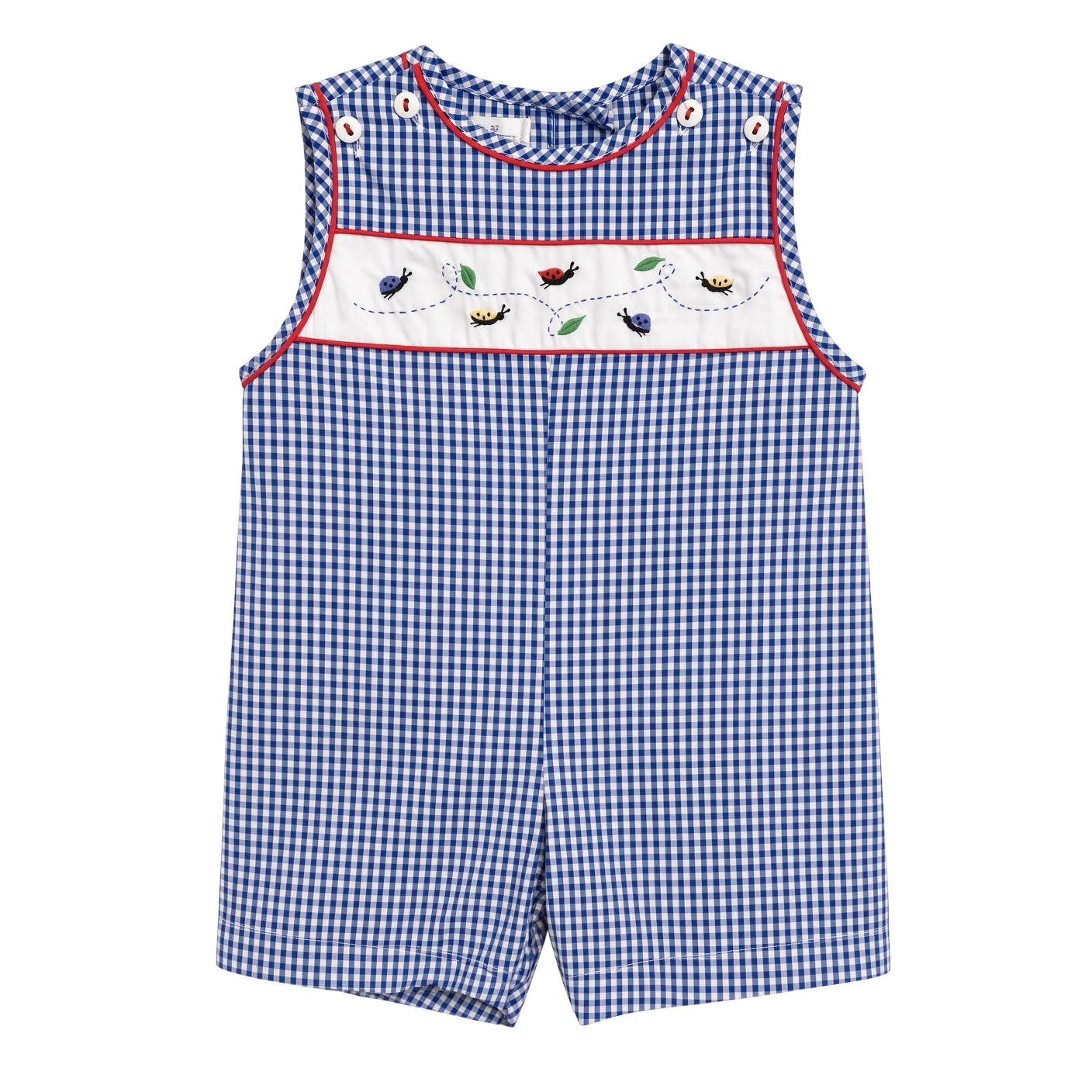 Petit Ami navy gingham shortall with hand-embroidered ladybug and bee panel, front