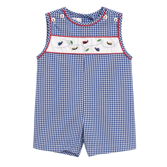 Petit Ami navy gingham shortall with hand-embroidered ladybug and bee panel, front