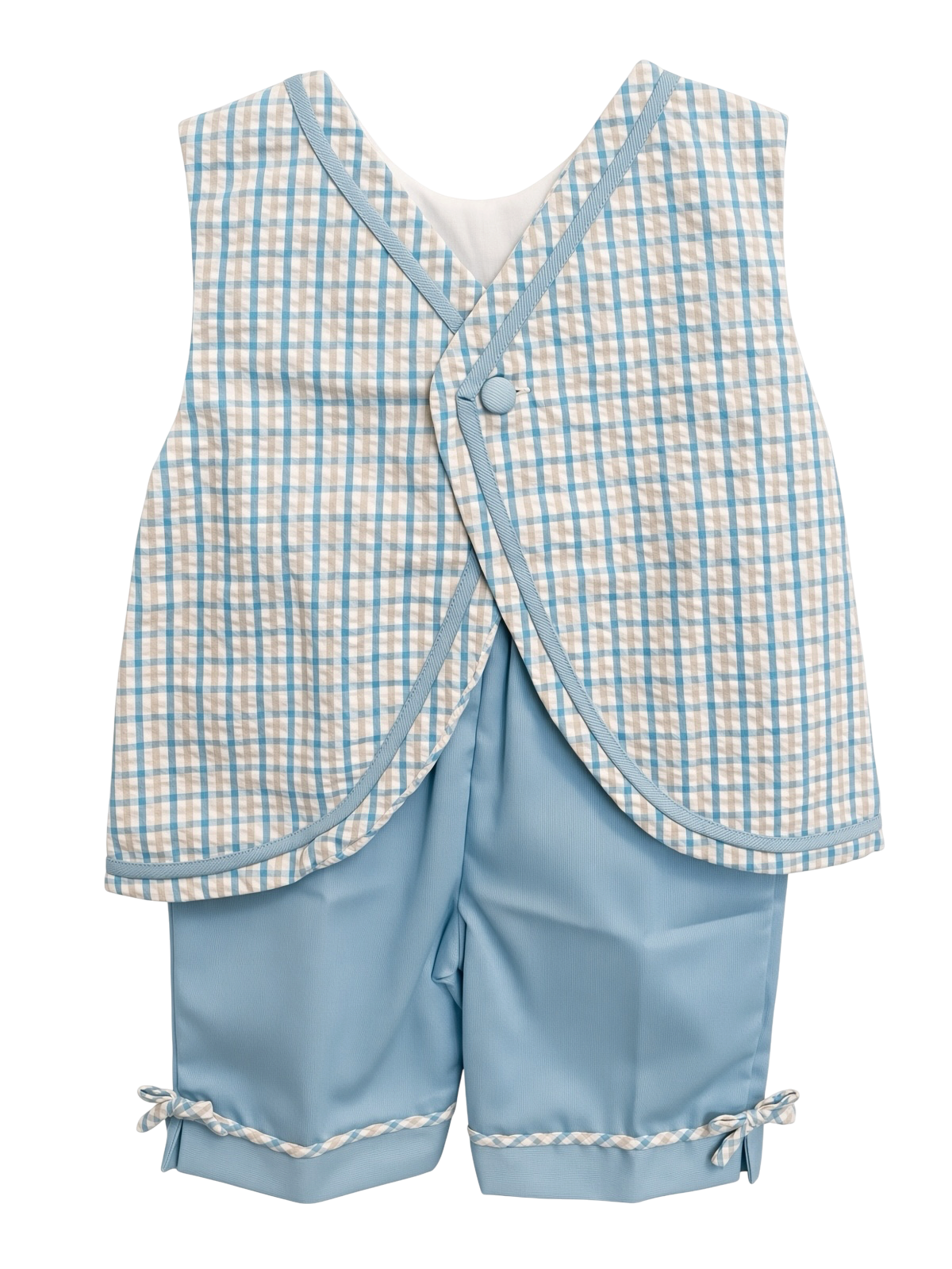 Petit Ami blue check set, back, showing the crossover closure and gingham-trimmed shorts
