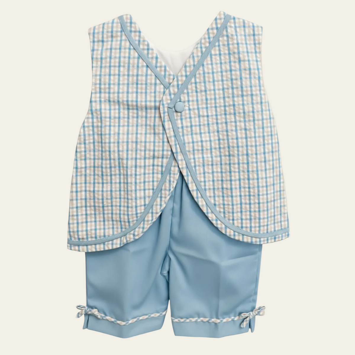 Petit Ami blue check set, back, showing the crossover closure and gingham-trimmed shorts