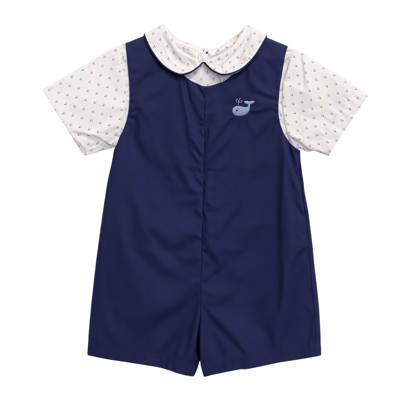 Petit Ami navy whale bobby suit, front, worn over a white foulard-print collar shirt