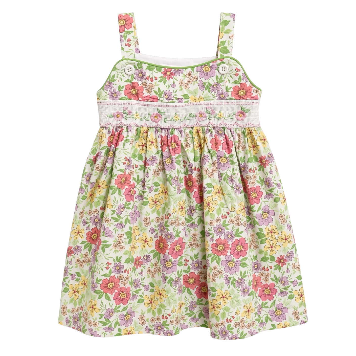 Petit Ami floral sundress with hand-smocked and embroidered waist band, front