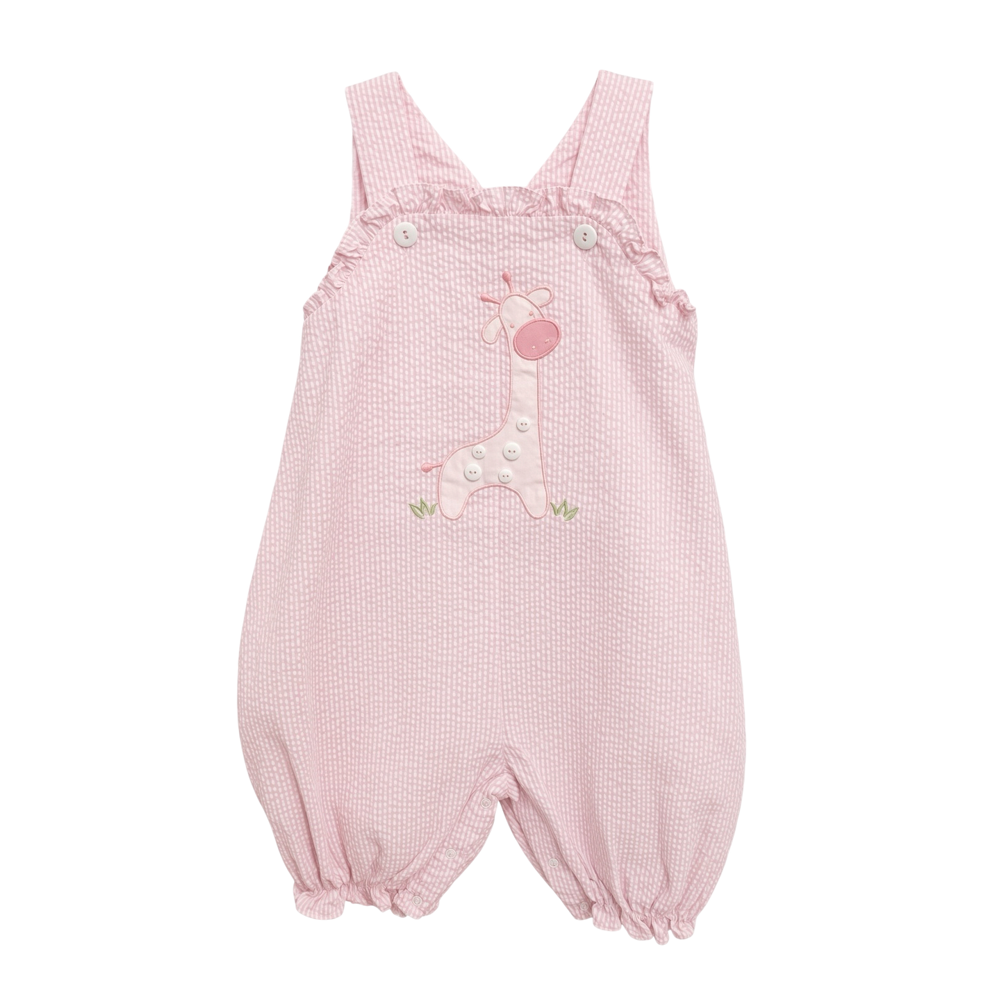 Petit Ami pink seersucker romper with an appliquéd giraffe and ruffled bib, front