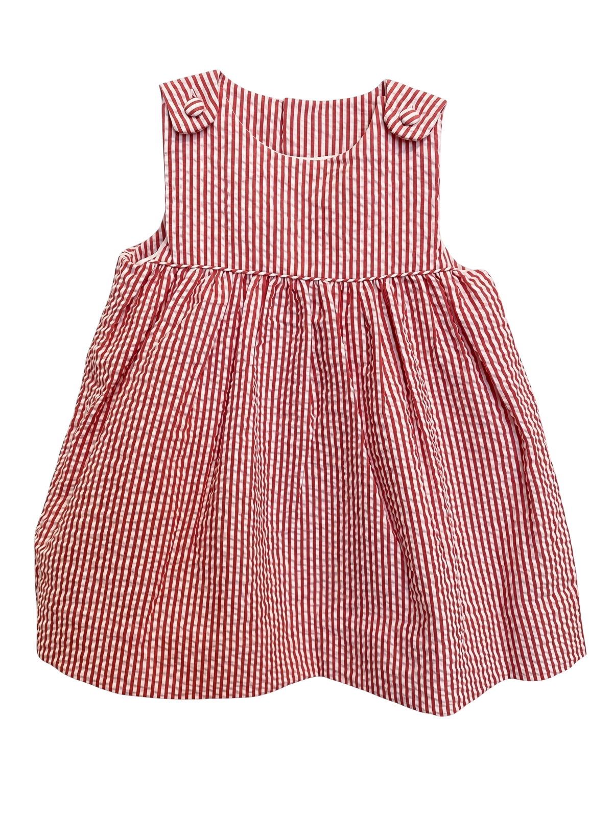 Petit Ami red and white stripe seersucker sundress, front, with buttoned shoulder tabs and a full gathered skirt