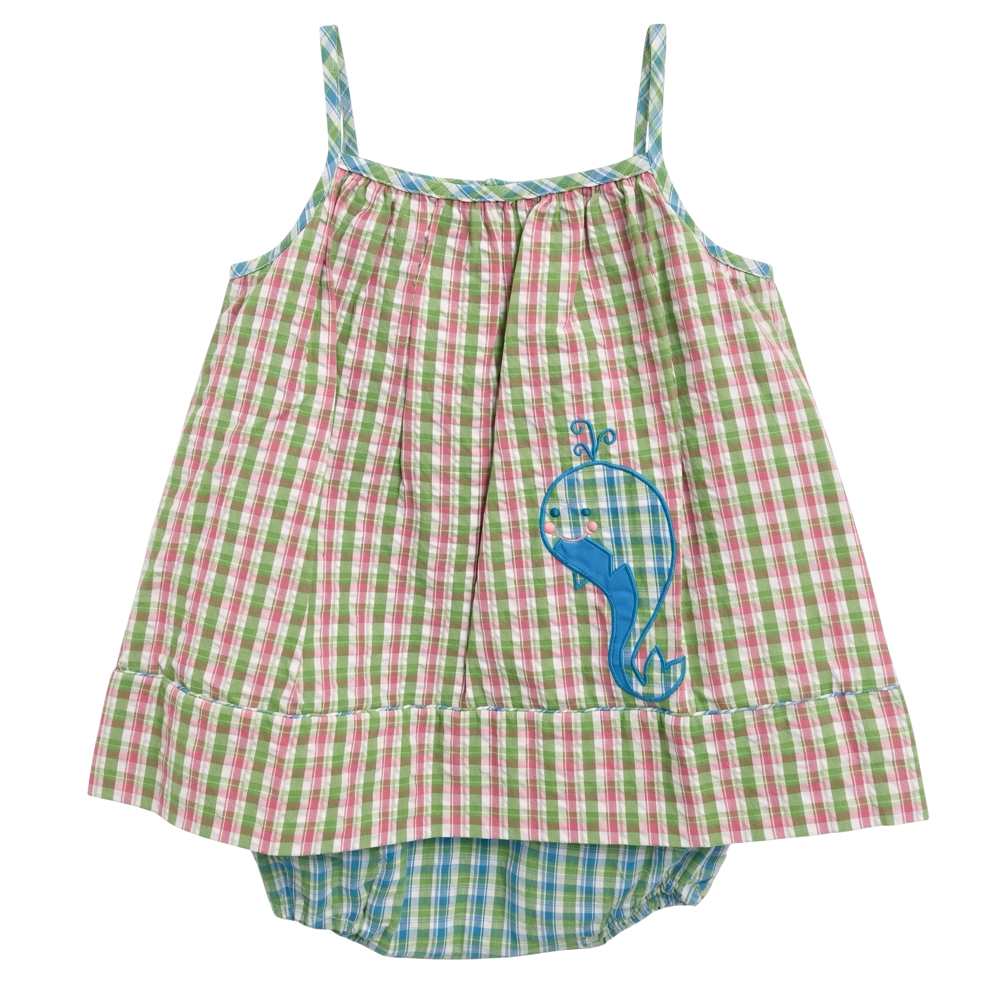 Petit Ami pink and green plaid sundress with blue whale appliqué over matching bloomers, front