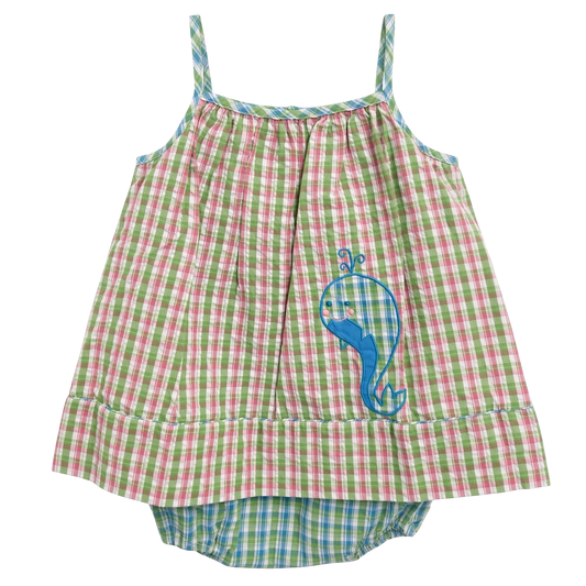 Petit Ami pink and green plaid sundress with blue whale appliqué over matching bloomers, front