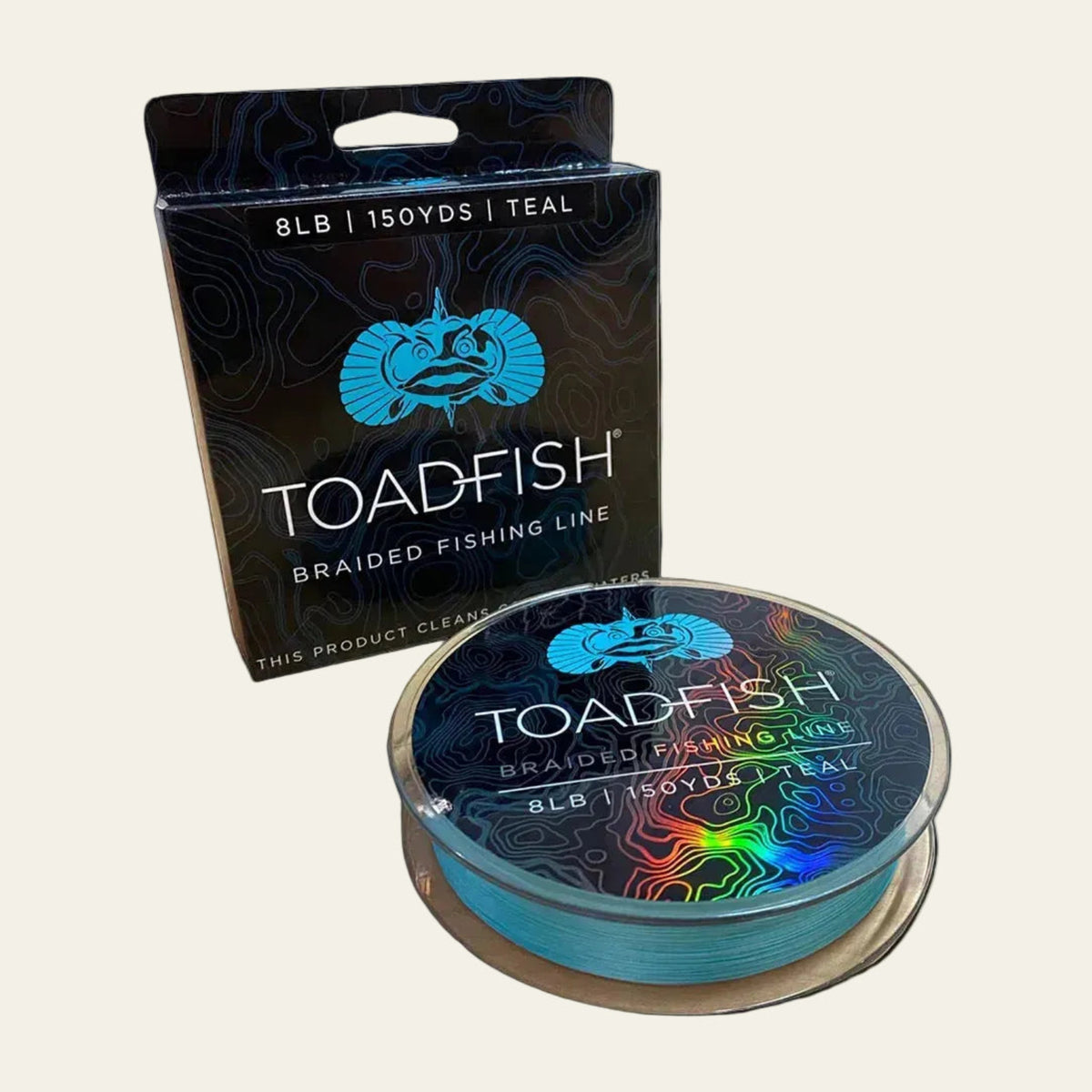 Toadfish teal braided fishing line spool, front of retail packaging