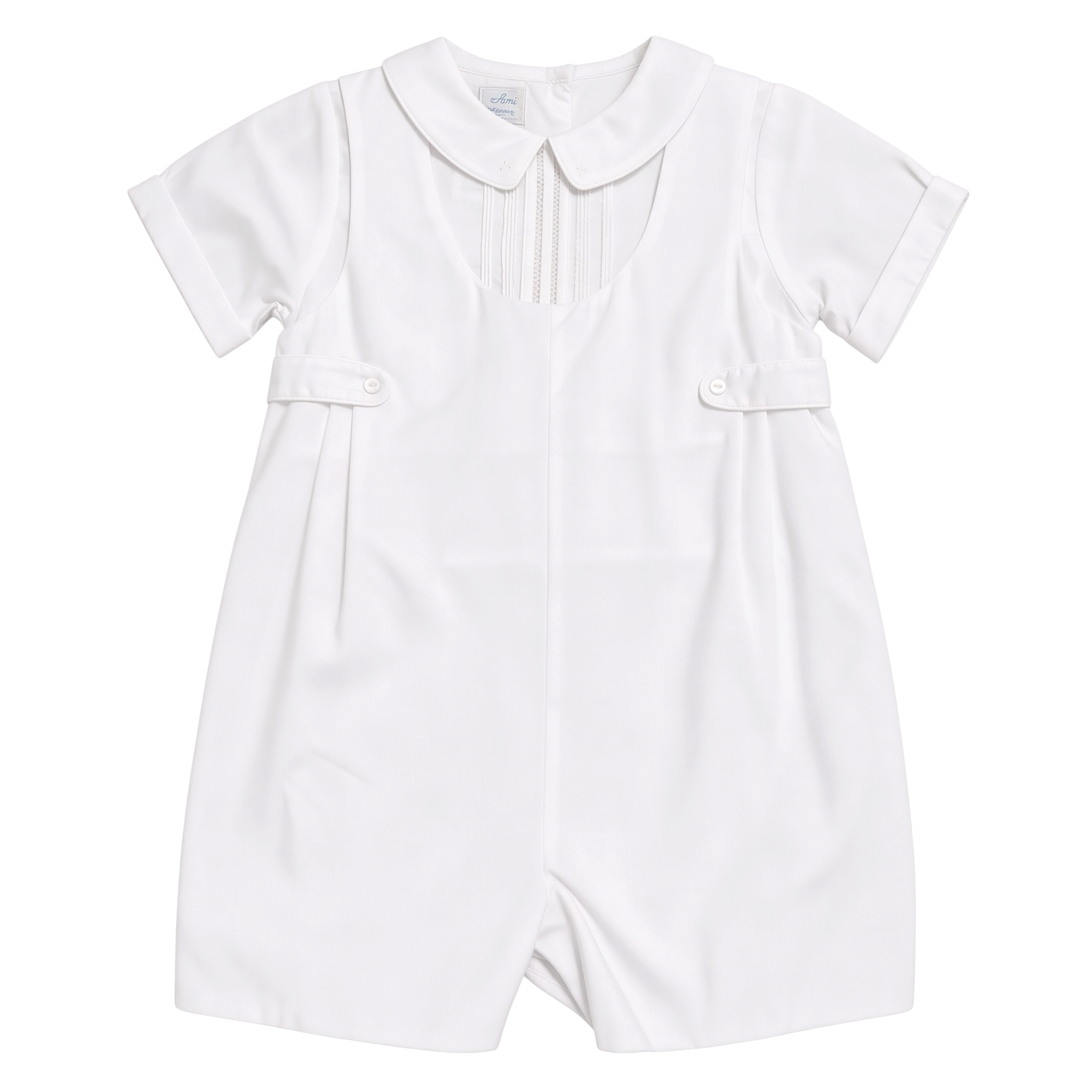 Petit Ami white christening shortall with pintucked and lace bib front, front