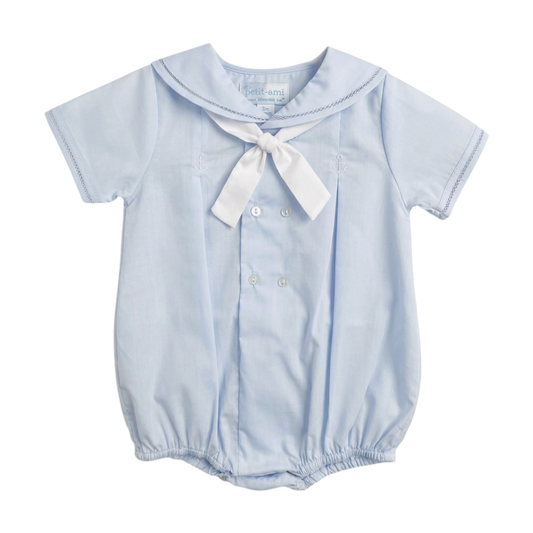 Petit Ami pale blue sailor bubble with white tie bow and embroidered anchors, front