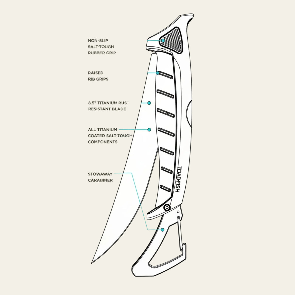 Toadfish Stowaway folding filet knife, blade folded into the handle