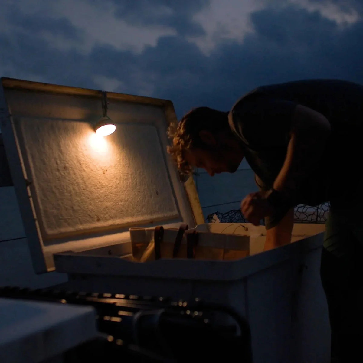 Toadfish Stowaway LED lantern lighting a dock at night
