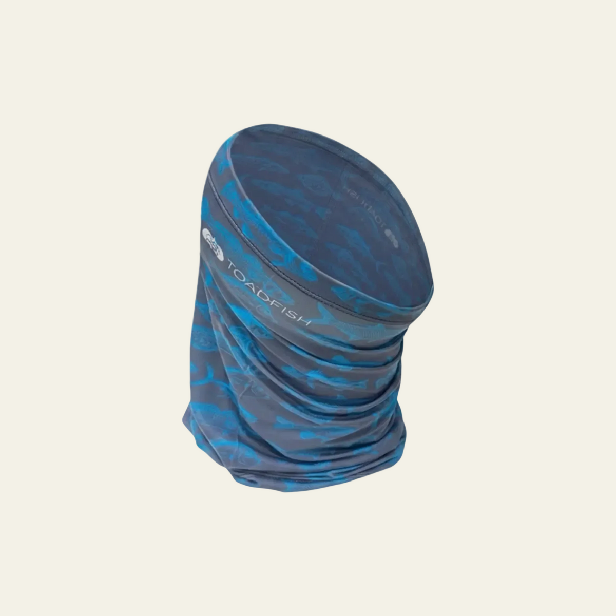 Toadfish UV gaiter in The School print, navy with a repeating school-of-fish pattern